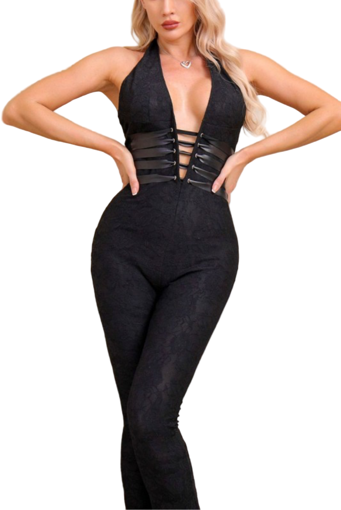 Woman wearing a black lace halter backless jumpsuit with 'Sunny Story' branding.