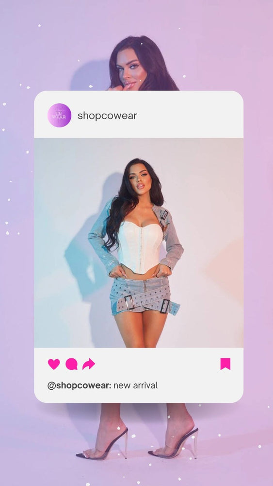 Woman modeling a outfit with 'shopcowear' branding on a gradient background