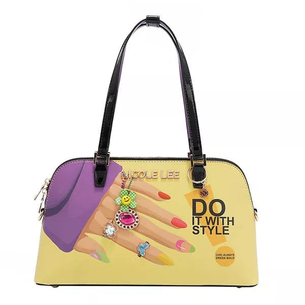 Handbag with a colorful design featuring text and images on a white background