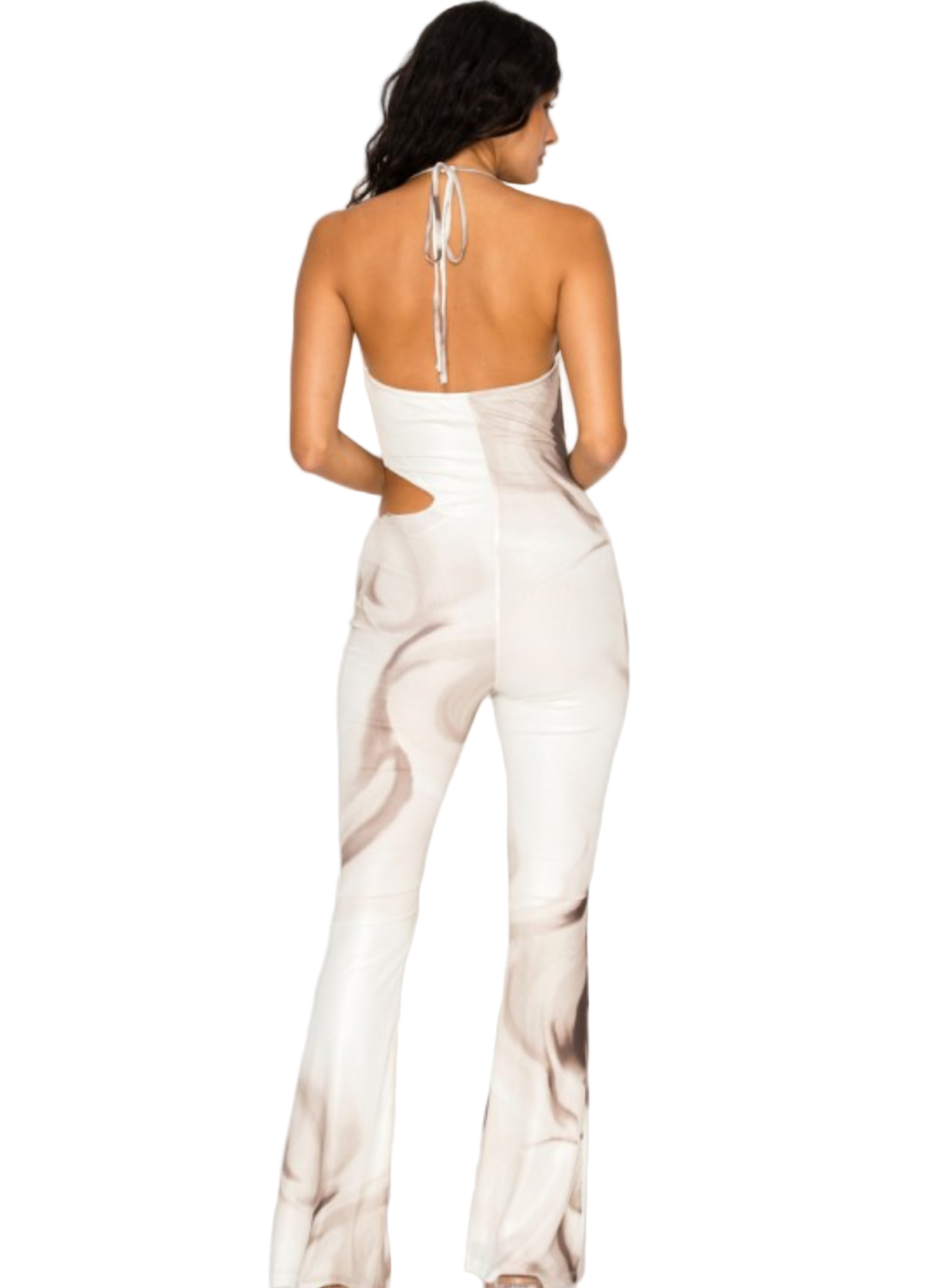 Woman wearing a white abstract patterned jumpsuit with a back view on a white background.