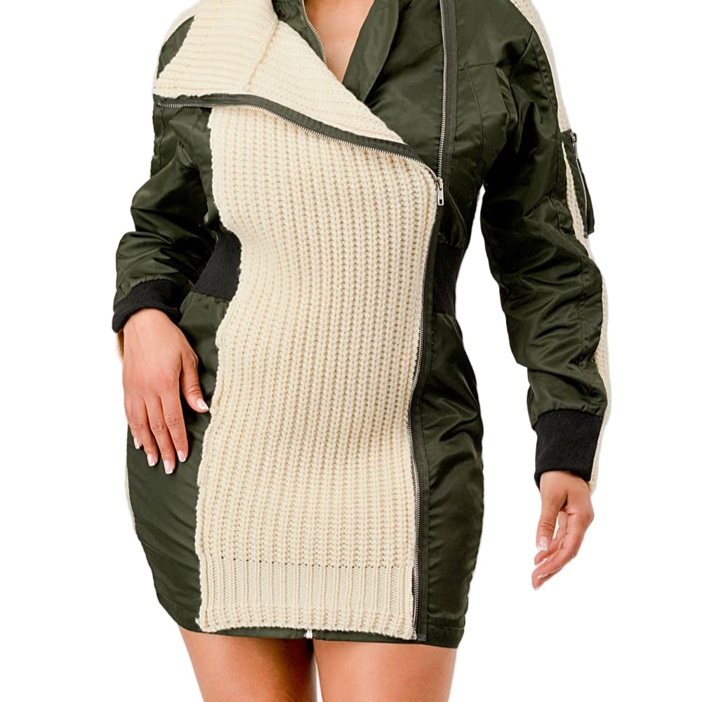 
                  
                    Woman wearing a green and beige dress with a jacket on a white background
                  
                
