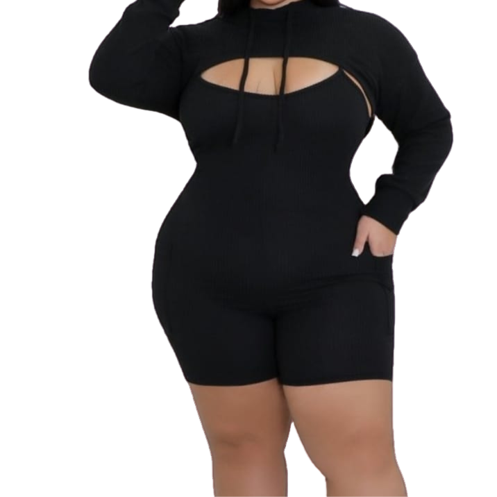 A model wearing a 2-piece black long-shorts romper set paired with a hoodie.