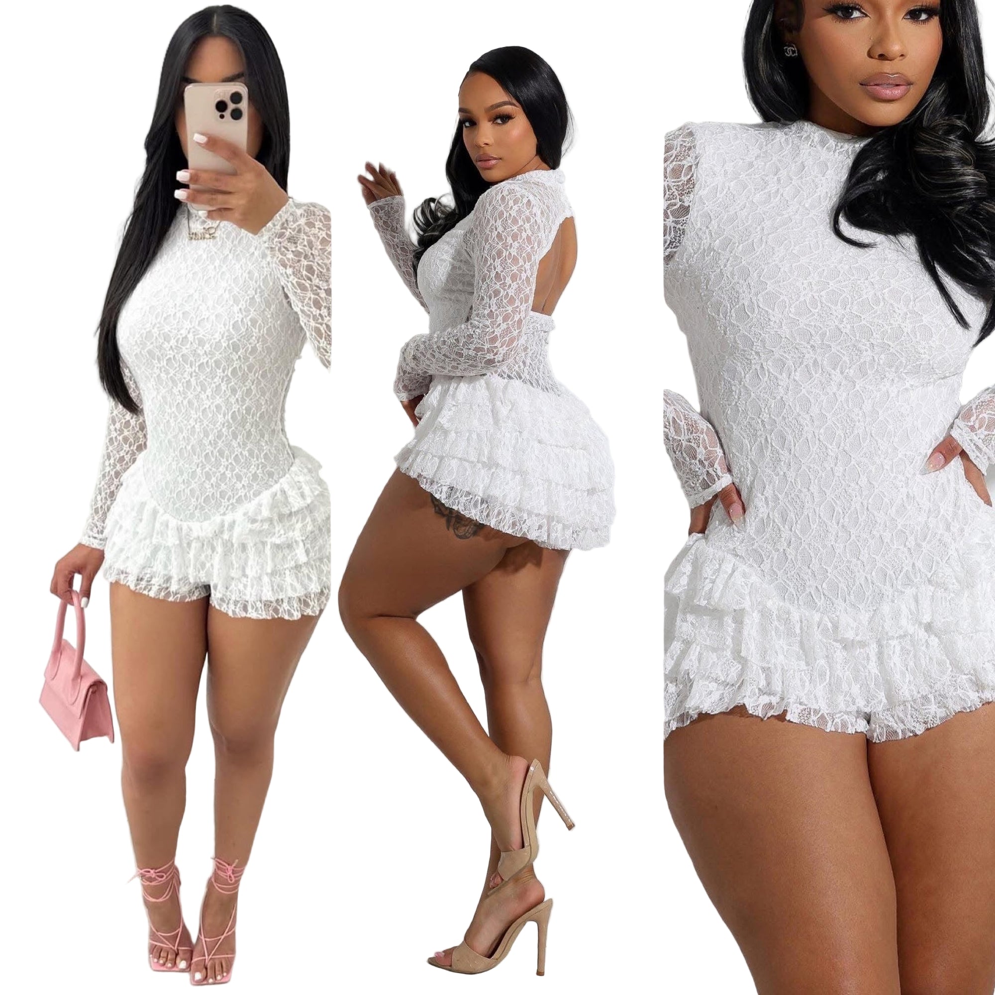Three-panel collage of a model wearing the white lace Holiday Romper, showing the front, back (open-back detail), and a close-up of the ruffled shorts. Denver, Colorado USA.