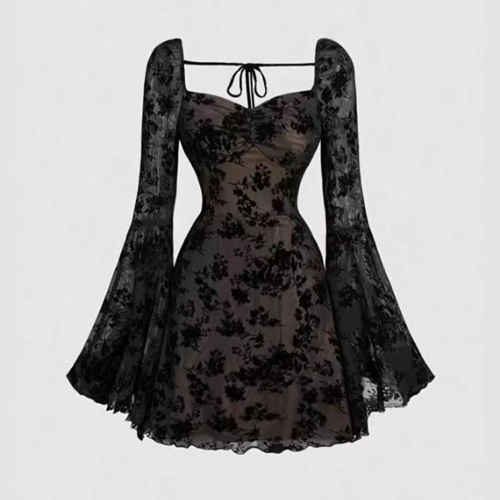 Black lace dress with long sleeves on a white background