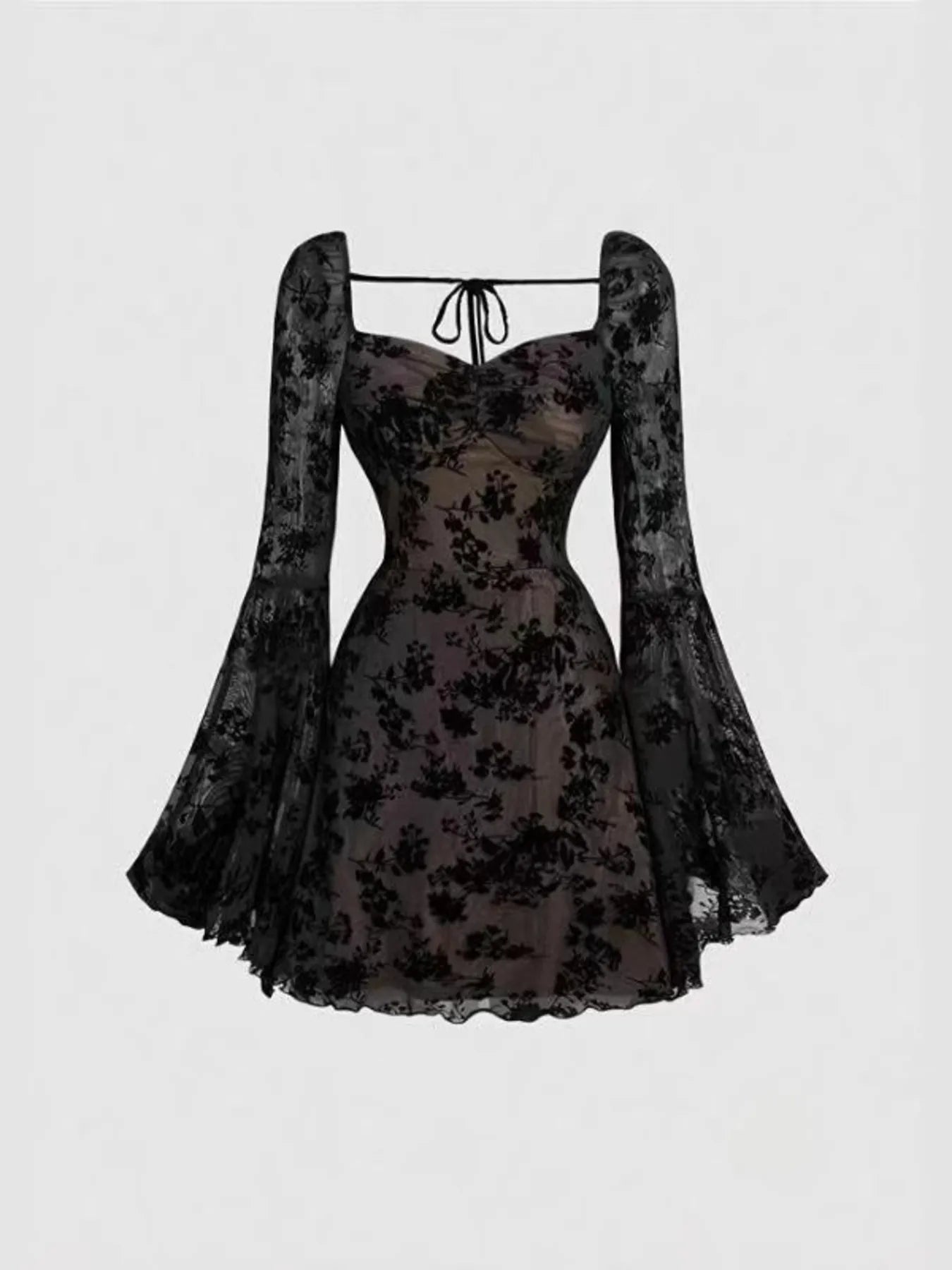 Black lace dress with long sleeves on a white background